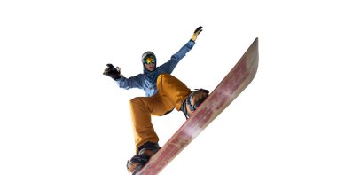 Snowboard binicisi beyaz üzerine izole edilmiş.
