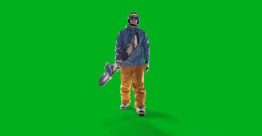 Snowboard sürücüsü yeşil ekranda izole edildi.