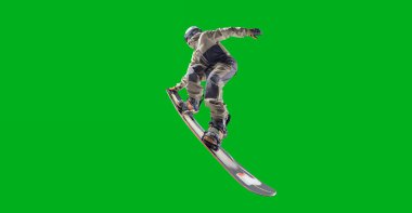 Snowboard sürücüsü yeşil ekranda izole edildi.