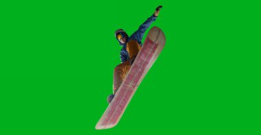 Snowboard sürücüsü yeşil ekranda izole edildi.