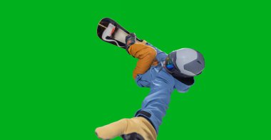 Snowboard sürücüsü yeşil ekranda izole edildi.