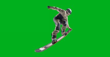 Snowboard sürücüsü yeşil ekranda izole edildi.