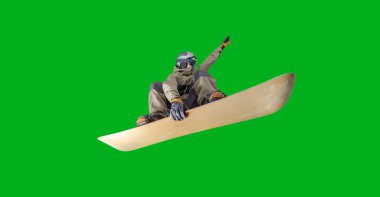 Snowboard sürücüsü yeşil ekranda izole edildi.