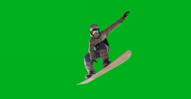 Snowboard sürücüsü yeşil ekranda izole edildi.
