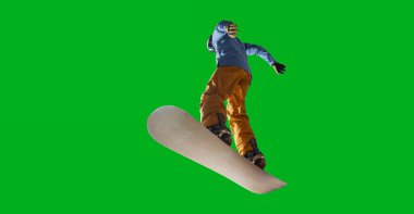 Snowboard sürücüsü yeşil ekranda izole edildi.