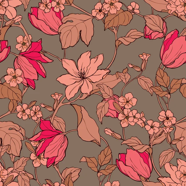 Patrón sin costuras con flores magnolia y tulipanes — Vector de stock
