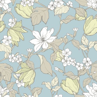 Seamless pattern with flowers magnolia and tulips clipart