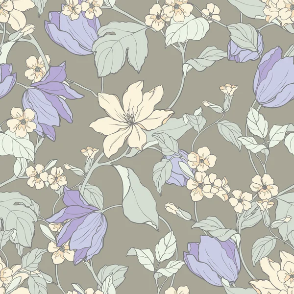 Modèle sans couture avec des fleurs magnolia et tulipes — Image vectorielle