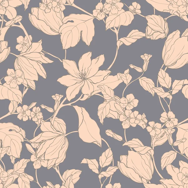 Modèle sans couture avec des fleurs magnolia et tulipes — Image vectorielle