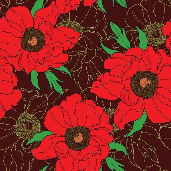 Seamless pattern with flowers poppies and daisies, vector floral illustration — Stock Vector