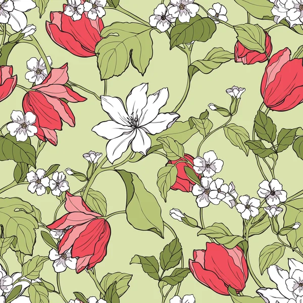 Seamless pattern with flowers magnolia and tulips — Stock Vector