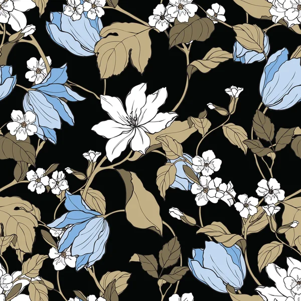Patrón sin costuras con flores magnolia y tulipanes — Archivo Imágenes Vectoriales