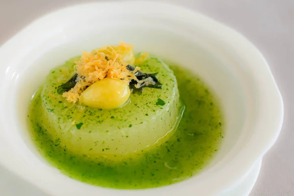 Main Course Simmered Winter Melon Spinach Sauce Topped Gingko Nut — Stock Photo, Image