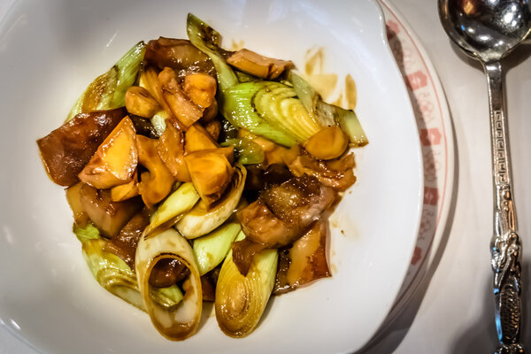 Braised Cubed Abalone, Sea Cucumber and Chinese Leek with Oyster Sauce