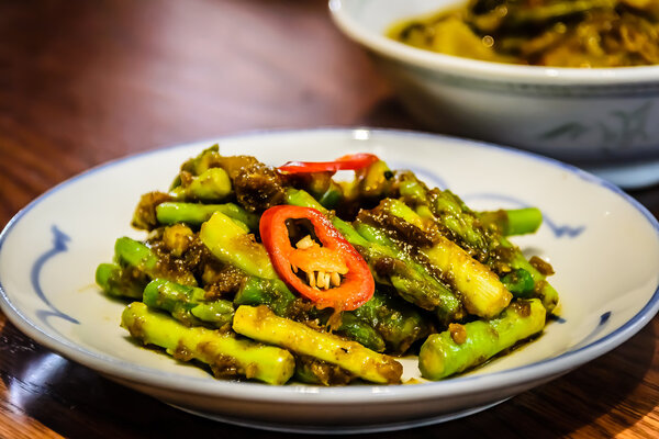 Tempoyak Asparagus  Asparagus stir-fried with fermented durian