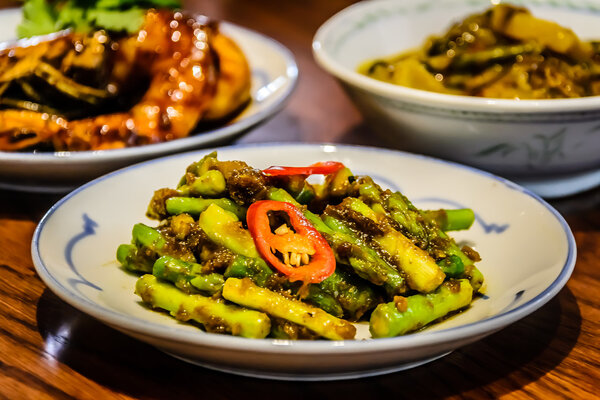 Tempoyak Asparagus  Asparagus stir-fried with fermented durian