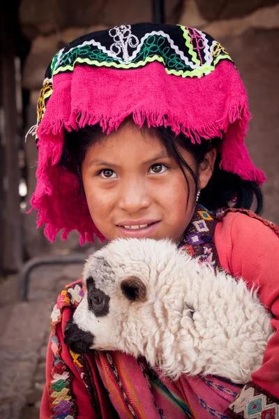 Chica quechua no identificada con llama de bebé —  Fotos de Stock