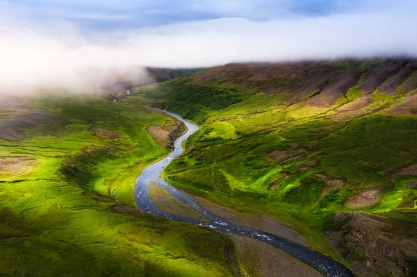 Island Flygfoto Berg Fält Och Flod Landskap Island Dagen Utsikt — Stockfoto