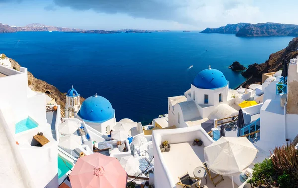 Santorini Grécia Vista Panorâmica Das Casas Tradicionais Santorini Pequenas Ruas — Fotografia de Stock