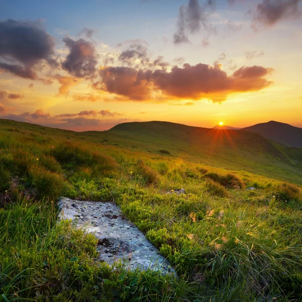 Montagnes vertes pendant le coucher du soleil — Photo