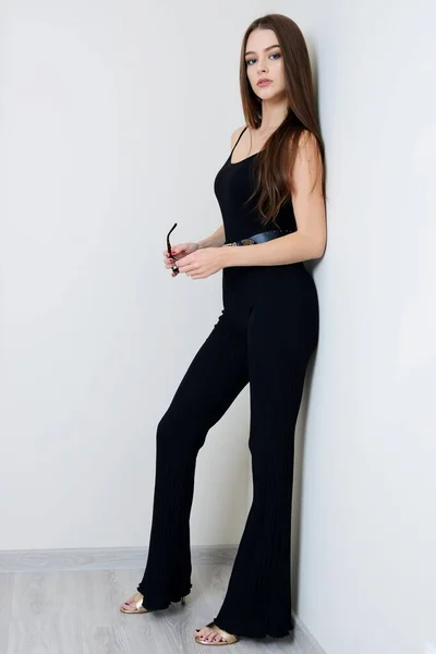 Young Woman Black Flared Trousers Black Top Woman Staying Home — Stok fotoğraf