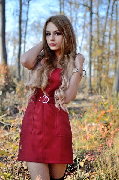 Warm Autumn Poland Young Woman Red Dress Surrounded Trees Woman — Stock Photo, Image