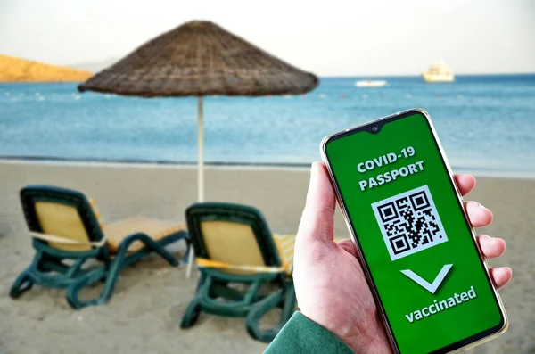 Reizen Tijdens Sars Cov Pandemie Vakantieoord Covid Paspoort Aanvraag Mobiele — Stockfoto