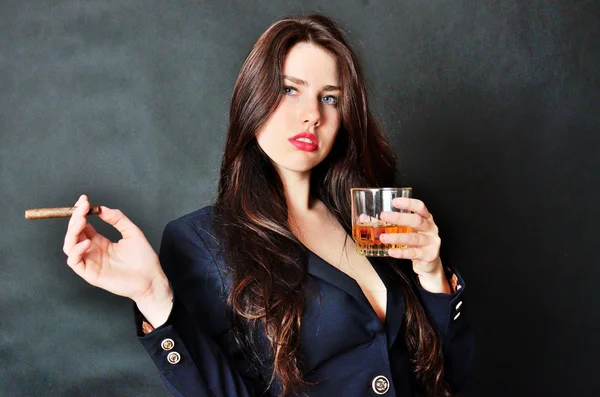 Girl with cigar and whisky — Stok fotoğraf