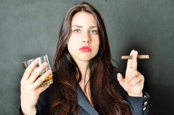 Girl with cigar and whisky — Stok fotoğraf