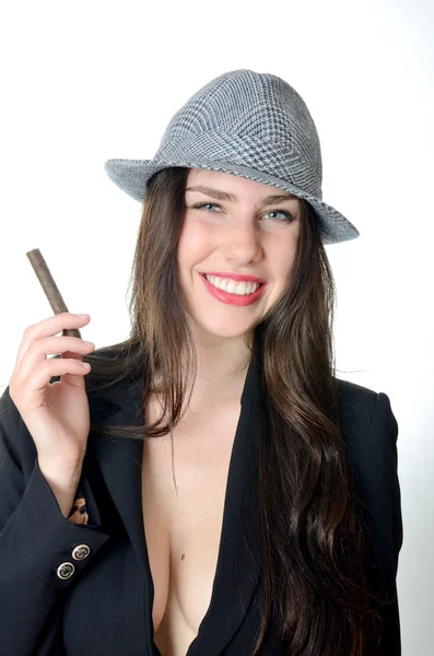 Smiling girl with cigar — Stock Photo, Image