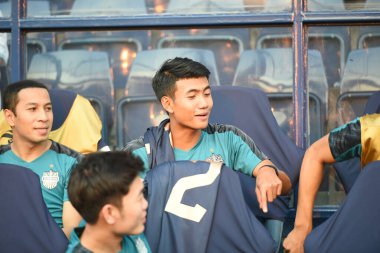 Buriram, Tayland-Mar13,2019: Buriram Stadyumu 'nda Jeonbuk Hyundai' ye karşı defin rampası arasında AFC2019 'da çarpışma halinde Suphanat Mueanta oyuncusu