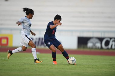 Chonburi-Tayland-19aug2019: Tayland Beden Eğitimi Enstitüsü 'nde 9-0 Timor leste arasında Tayland' ın 16 numaralı oyuncusu Khwanrudi saengchan eylemde