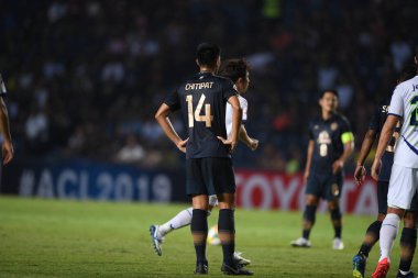 Buriram, Tayland-Mar13.2019: Buriram Stadyumu 'nda Jeonbuk Hyundai' ye karşı AFC2019 'da defnedilmek üzere birleşen Chitipat Thank lang oyuncusu