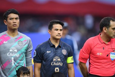 Buriram, Tayland-Mar13,2019: Buriram Stadyumu 'nda Jeonbuk Hyundai' ye karşı AFC2019 'da gömülen gömü sırasında bir araya gelen Suchao nutnum oyuncusu