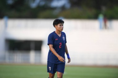 Chonburi-Tayland-19Ağustos 2019: Kanjanaporn seankhun # 2 Tayland futbolcusu Tayland Beden Eğitimi Enstitüsü 'nde 9-0 Timor leste arasında hareket halinde