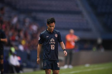 Buriram, Tayland-Mar13,2019: Buriram Stadyumu 'nda Jeonbuk Hyundai' ye karşı defin rampası arasında AFC2019 sırasında Supachok sarachat oyuncusu