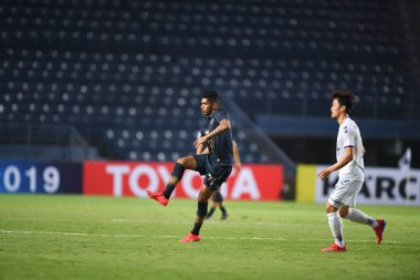 Buriram, Tayland-Mar13,2019: Pedro bispo küçük defin oyuncusu AFC2019 sırasında Jeonbuk hyundai 'ye karşı defin rampası arasında çarpışma halinde birleşti.