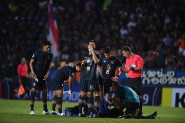 Buriram, Tayland-Mar13.2019: Buriram Stadyumu 'nda Jeonbuk Hyundai' ye karşı AFC2019 'da defnedilmek üzere birleşen Chitipat Thank lang oyuncusu