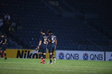 Buriram, Tayland-Mar13,2019: Buriram Stadyumu 'nda Jeonbuk Hyundai' ye karşı defin rampası arasında AFC2019 'da çarpışma halinde Suphanat Mueanta oyuncusu