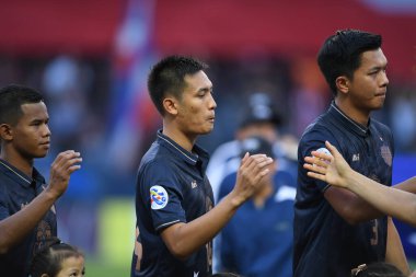 Buriram, Tayland-Mar13.2019: Buriram Stadyumu 'nda Jeonbuk Hyundai' ye karşı AFC2019 'da defnedilmek üzere birleşen Chitipat Thank lang oyuncusu