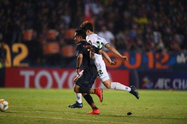 Buriram, Tayland-Mar13,2019: Buriram Stadyumu 'nda Jeonbuk Hyundai' ye karşı defin rampası arasında AFC2019 sırasında Supachok sarachat oyuncusu
