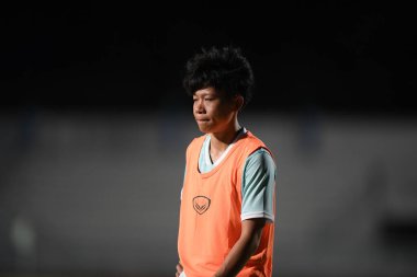 Bangkok-Tayland-17 Ağustos 2019: Sukanya chor.charoenying # 18 Tayland futbolcusu Tayland Beden Eğitimi Enstitüsü 'ndeki AFF 8-0 Singapur, Tayland