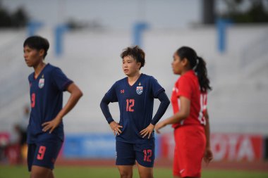 Bangkok-Tayland-17 Ağustos 2019: Rattikan thongsombut # 12 Tayland futbolcusu Tayland Beden Eğitimi Enstitüsü 'nde AFF 8-0 Singapur, Tayland
