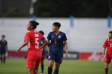 Bangkok-Tayland-17 Ağustos 2019: Tayland Beden Eğitimi Enstitüsü Chonburi, Tayland AFF 8-0 Singapur arasında Tayland # 9 numaralı Saowalak pengngam