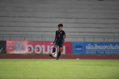 Bangkok-Tayland-17 Ağustos 2019: Tayland Beden Eğitimi Enstitüsü Chonburi, Tayland AFF 8-0 Singapur arasında Tayland 'da 23 numaralı Phonphirun philawan oyuncusu görev başında