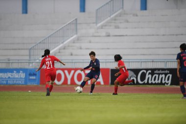 Bangkok-Tayland-17 Ağustos 2019: Rattikan thongsombut # 12 Tayland futbolcusu Tayland Beden Eğitimi Enstitüsü 'nde AFF 8-0 Singapur, Tayland