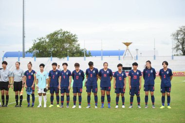 Bangkok-Tayland-17 Ağustos 2019: Tayland Beden Eğitimi Enstitüsü Chonburi, Tayland 'daki AFF 8-0 Singapur arasında görev yapan Tayland oyuncusu