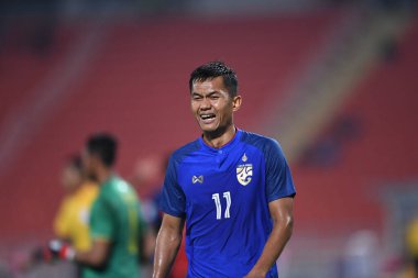 Bangkok-Tayland-9NOV2018: Tayland milli stadyumu Timor Leste karşısında Tayland AFF Suzuki Kupası 2018 'de Mongkol Tossakai oynuyordu