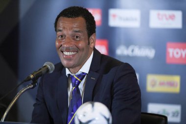 Buriram-Tayland-5Jun2019: Curacao basın toplantısının koçu Remko bicentini Hindistan 3-1 Turnuva Kralları Kupası 2019 'u Chang Arena, Buriram, Tayland' da kazandıktan sonra