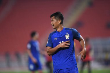 Bangkok-Tayland-9NOV2018: Tayland milli stadyumu Timor Leste karşısında Tayland AFF Suzuki Kupası 2018 'de Mongkol Tossakai oynuyordu